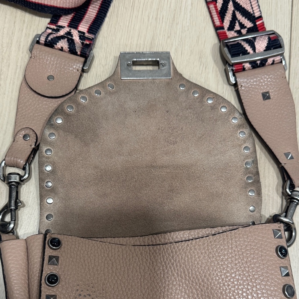 VALENTINO Studded Taupe Crossbody Bag with Patterned Strap Purse Damaged - Picture 3 of 15